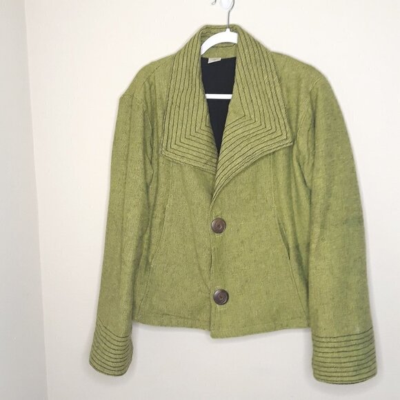Made in Nepal Shawl Collar Heather Green Jacket XL Lagenlook Boho Artsy - Picture 1 of 10